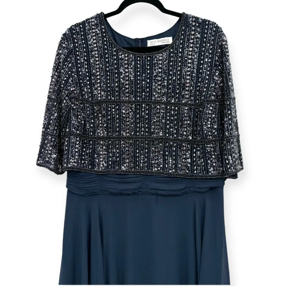Mac Duggal NEW Chiffon Gown w/ Fully Beaded 3/4 Sleeve Top Navy $598 - Size‎ 18 - Picture 6 of 13